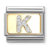 Nomination Composable Classic Link 030291/11 Silver Letter K in 18K Gold & Glitter Enamel